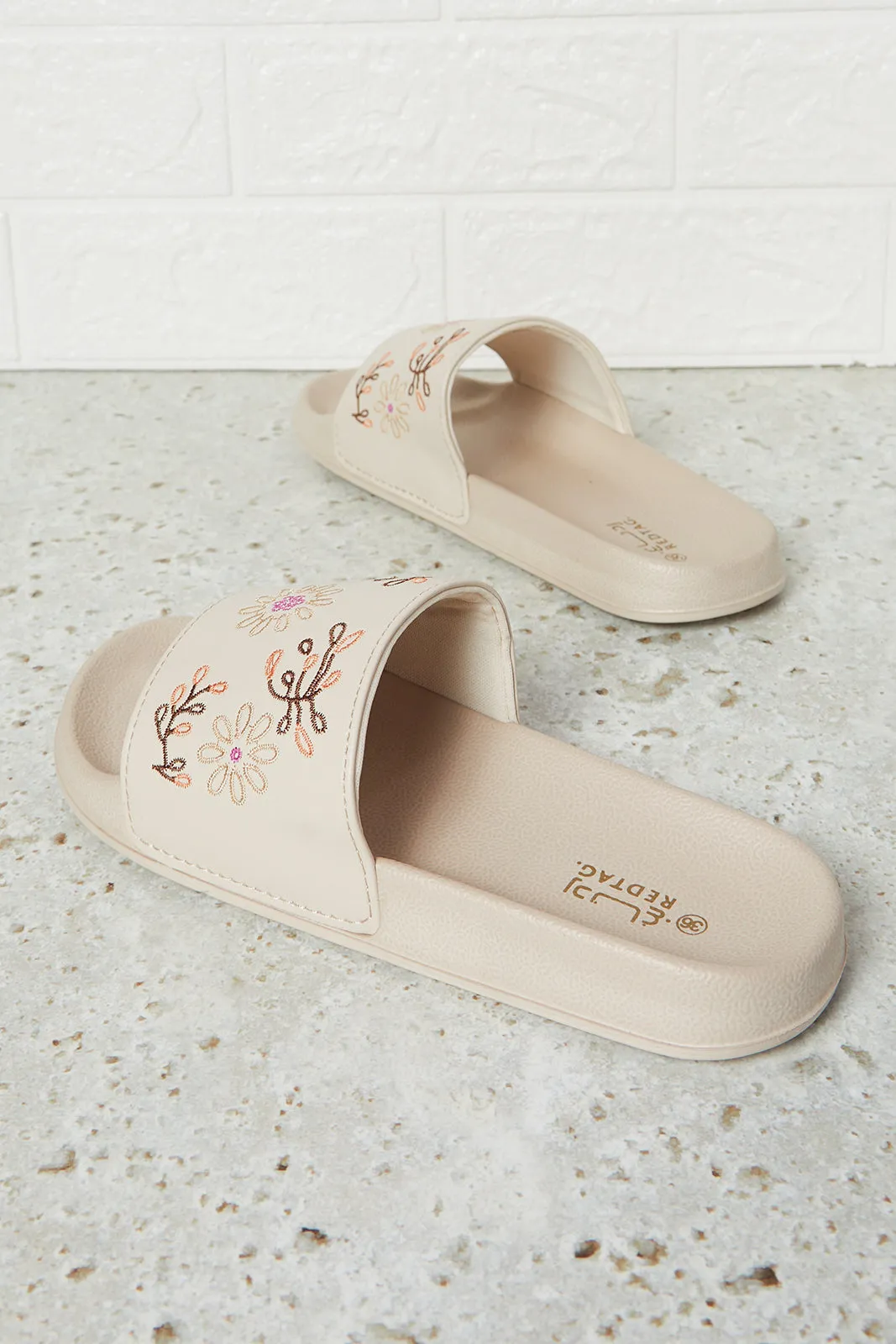 Women Beige Embroidered Slide