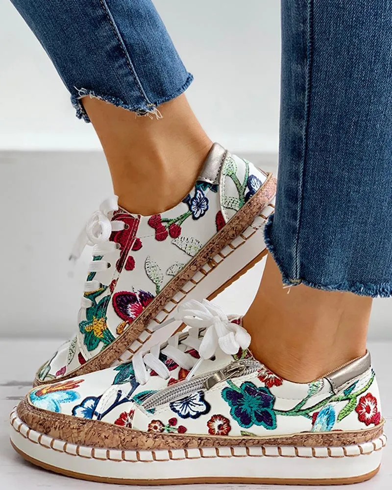 Women Floral Embroidered Zipper Design Casual Lace-Up Shoes