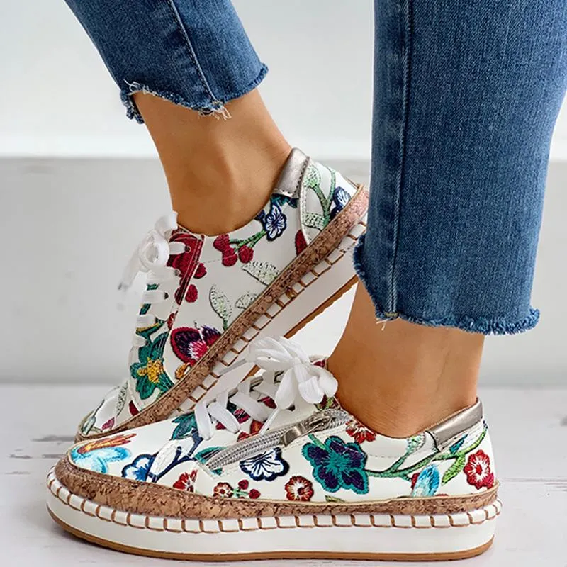 Women Floral Embroidered Zipper Design Casual Lace-Up Shoes