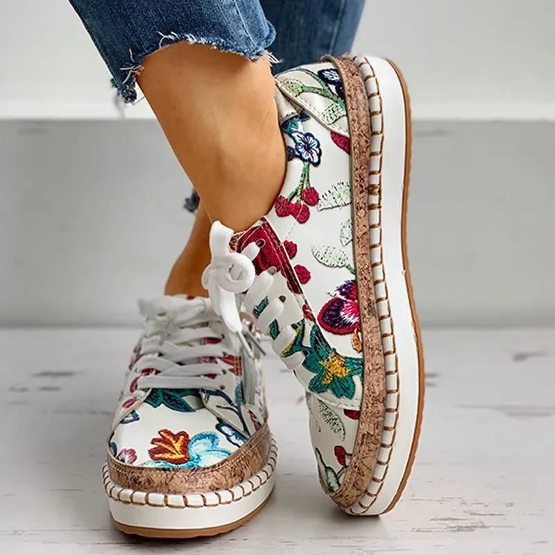 Women Floral Embroidered Zipper Design Casual Lace-Up Shoes