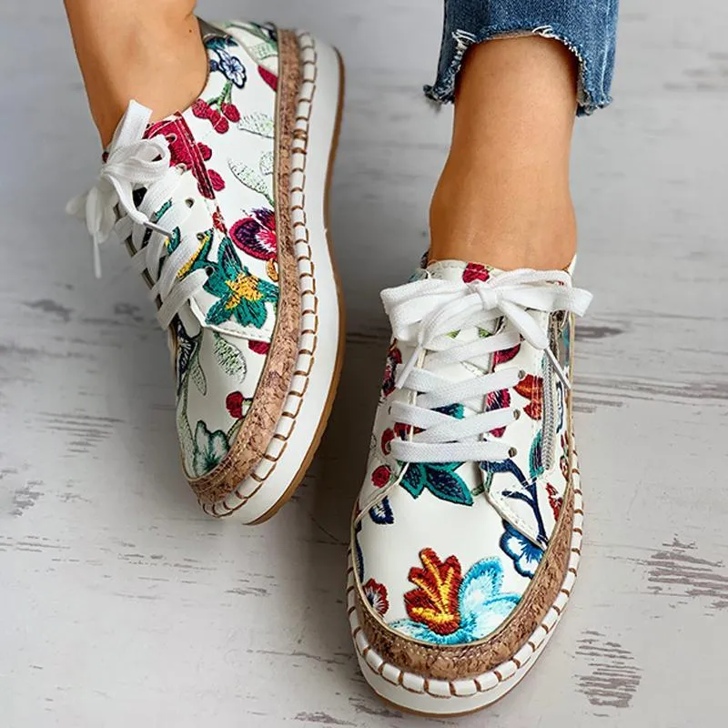 Women Floral Embroidered Zipper Design Casual Lace-Up Shoes